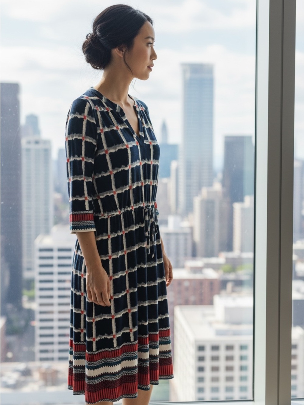 Luxology Navy Grid-Print Midi Dress with Red and White Accents Size Medium